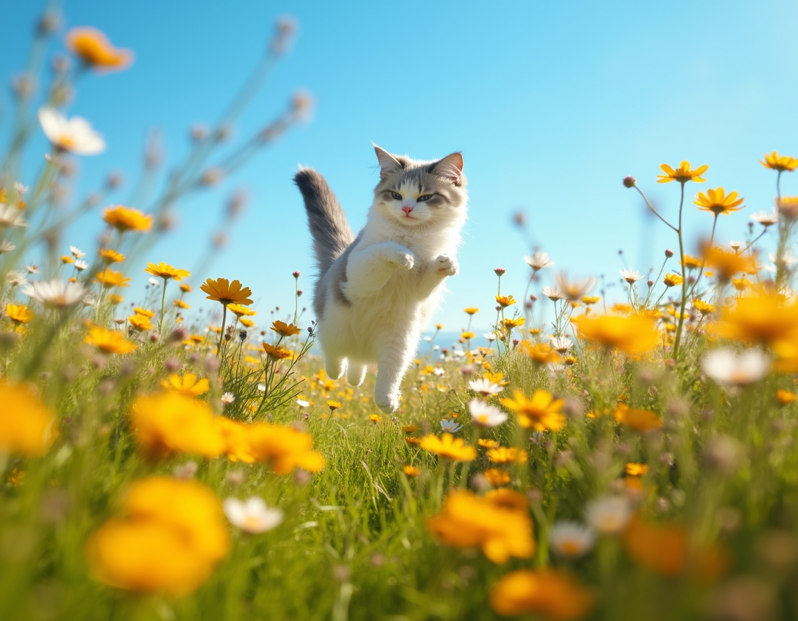 Cat enjoys the beauty of a flower-filled meadow, exploring the bright and colorful setting.